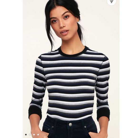 Free People Tops - Free People Good on You Grey Multi Striped Three-Quarter Sleeve Tee